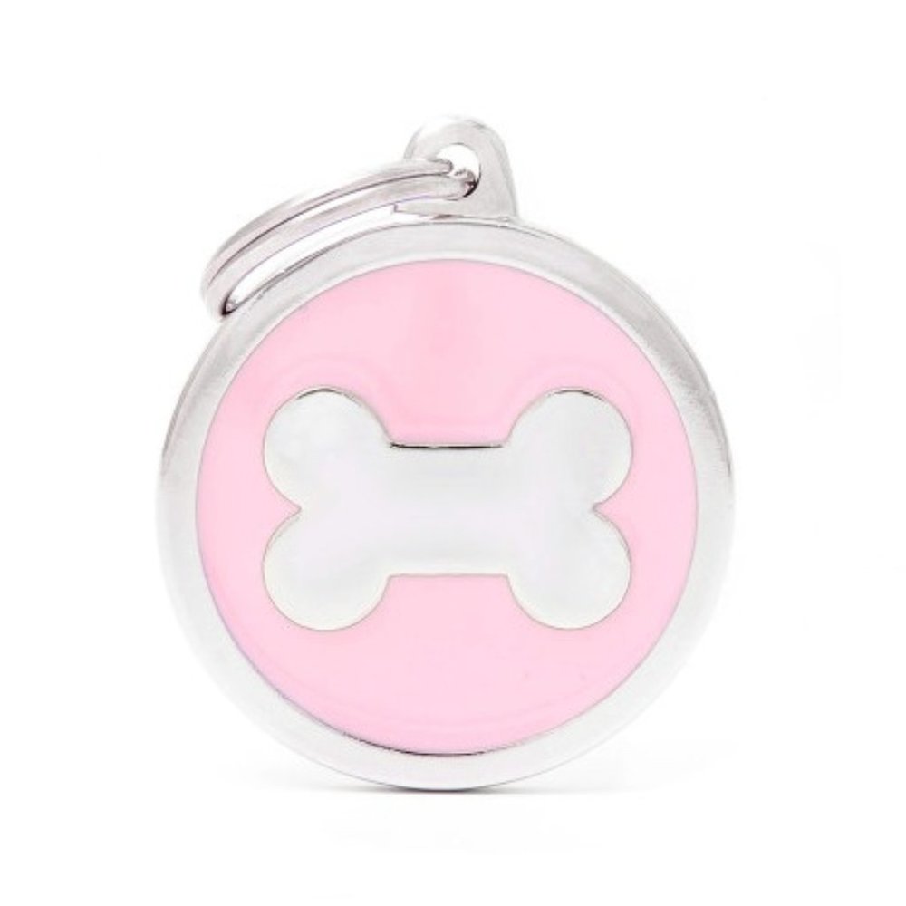 MY FAMILY BIG PINK CIRCLE BONE ROUND CHROME ENGRAVABLE DOG ID TAG CLASSIC  ITALY